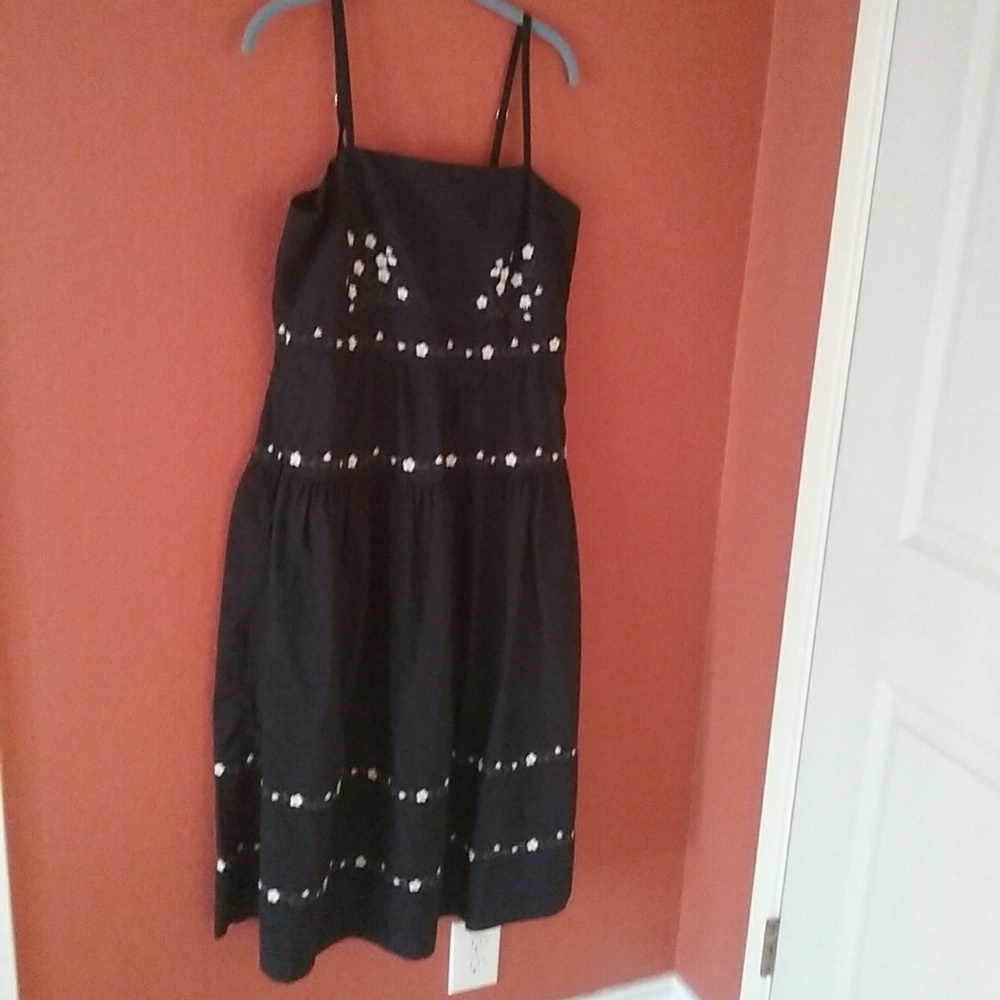 Black Sleeveless Midi Dress with White Embroidered Accents